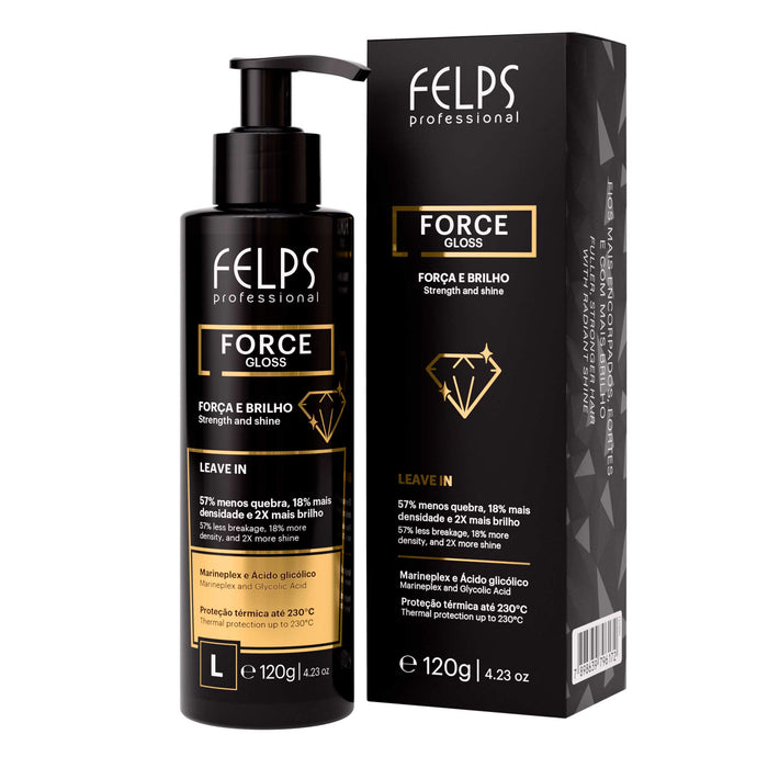Felps Professional Force Gloss Leave-In 120 g pump bottle next to its black and gold carton – Buy now at MKPBR.COM – Worldwide Shipping