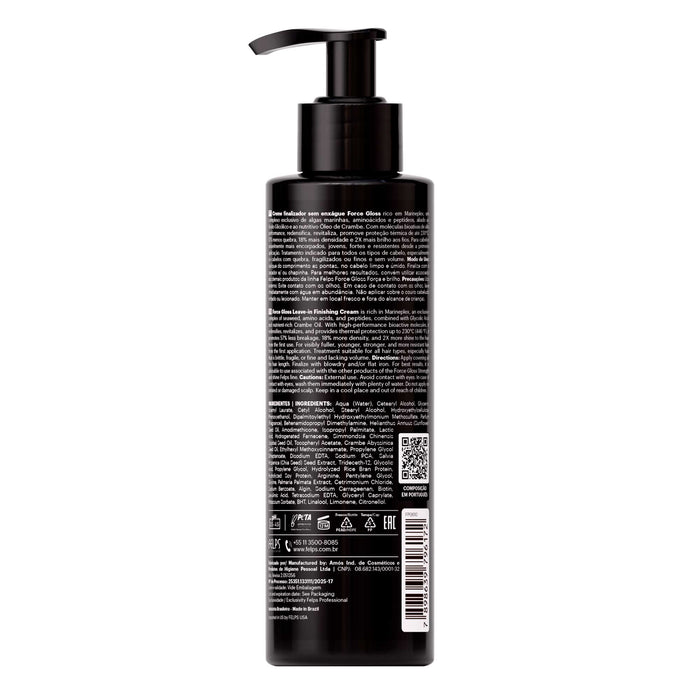 Back label of the Felps Professional Force Gloss Leave-In 120 g pump bottle with ingredients and batch information – Buy now at MKPBR.COM – Worldwide Shipping