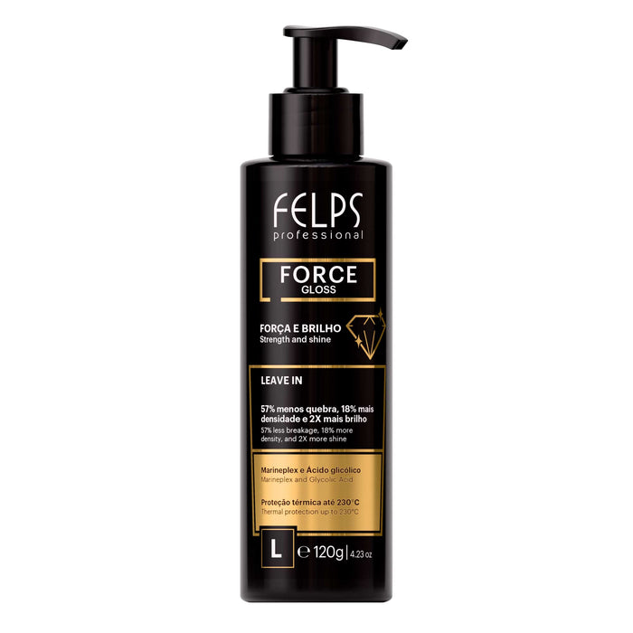Front label of the Felps Professional Force Gloss Leave-In 120 g black pump bottle – Buy now at MKPBR.COM – Worldwide Shipping