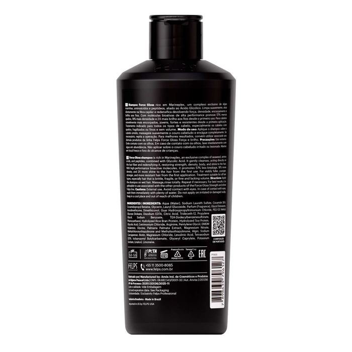 Felps Professional Force Gloss Shampoo 250 ml back label with INCI ingredient list and directions – Buy now at MKPBR.COM – Worldwide Shipping