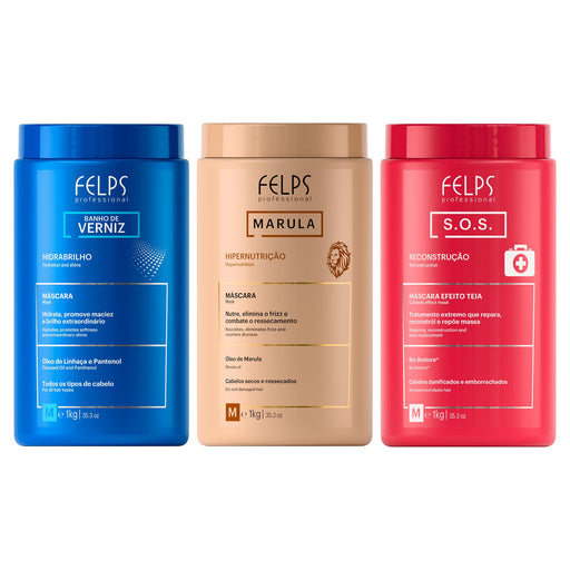 Felps Professional Hair Schedule Treatment Mask Kit of 3 with Banho de Verniz, Marula and S.O.S. 1 kg salon tubs shown front-facing – Buy now at MKPBR.COM – Worldwide Shipping
