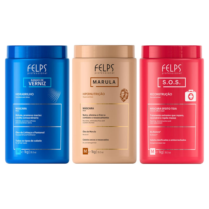Felps Professional Hair Schedule Treatment Mask Kit of 3 with Banho de Verniz, Marula and S.O.S. 1 kg salon tubs shown front-facing – Buy now at MKPBR.COM – Worldwide Shipping