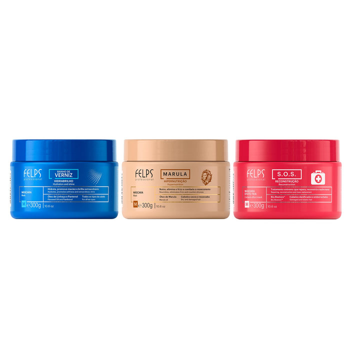 Felps Professional Hair Schedule Treatment Mask Kit of 3 with Banho de Verniz, Marula and S.O.S. 300 g jars shown front-facing – Buy now at MKPBR.COM – Worldwide Shipping