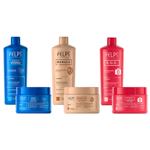 Felps Professional Hair Schedule Premium Kit of 6 with Banho de Verniz, Marula and S.O.S. 500 ml shampoos and 300 g masks shown front-facing – Buy now at MKPBR.COM – Worldwide Shipping