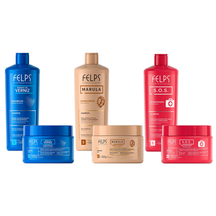 Felps Professional Hair Schedule Premium Kit of 6 with Banho de Verniz, Marula and S.O.S. 500 ml shampoos and 300 g masks shown front-facing – Buy now at MKPBR.COM – Worldwide Shipping