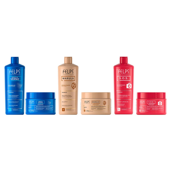 Felps Professional Hair Schedule Premium Kit of 6 arranged as three shampoo and mask pairs lined up front-facing by line – Buy now at MKPBR.COM – Worldwide Shipping