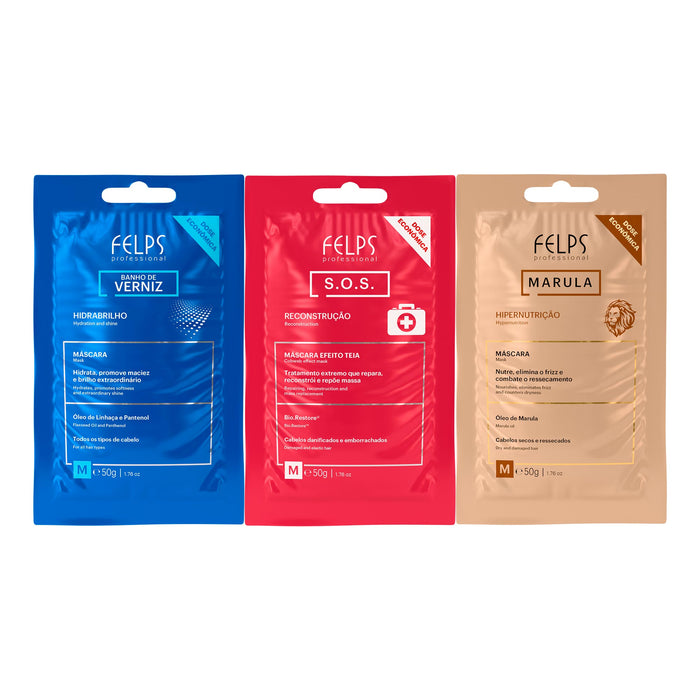 Felps Professional Hair Schedule Single-Dose Sachet Kit of 3 with Banho de Verniz, S.O.S. and Marula 50 g sachets shown front-facing – Buy now at MKPBR.COM – Worldwide Shipping