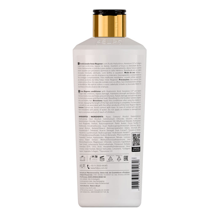 Back label of Felps Professional Inner Regener Conditioner 250 ml showing bilingual directions and the full INCI ingredient list – Buy now at MKPBR.COM – Worldwide Shipping