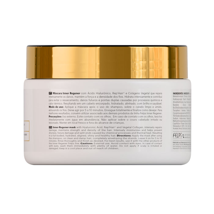 Felps Professional Inner Regener Regeneration Hair Mask 300 g jar back label showing directions and ingredient list – Buy now at MKPBR.COM – Worldwide Shipping