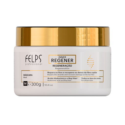 Felps Professional Inner Regener Regeneration Hair Mask 300 g white jar with gold lid, front view – Buy now at MKPBR.COM – Worldwide Shipping