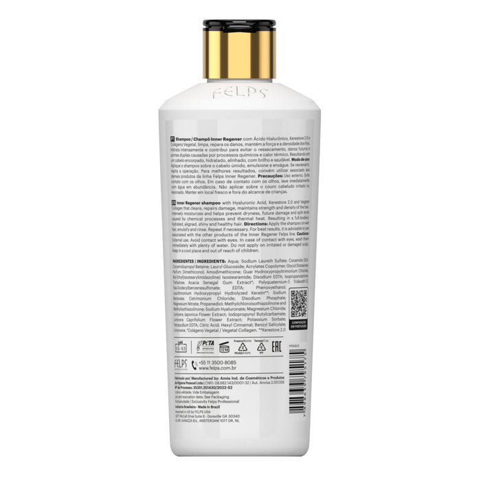 Back label of Felps Professional Inner Regener Regeneration Shampoo 250 ml showing directions and INCI ingredient list – Buy now at MKPBR.COM – Worldwide Shipping