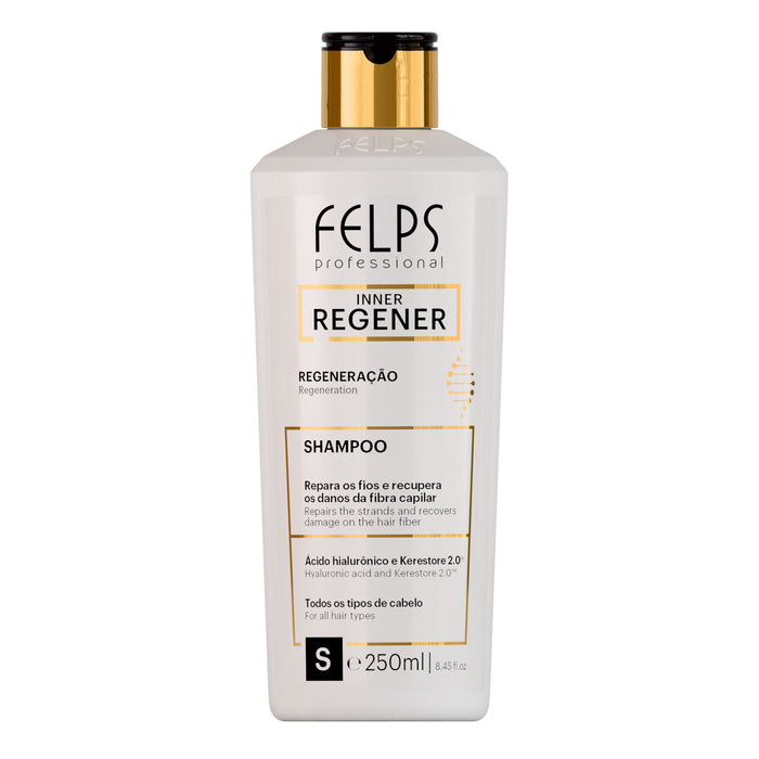 Felps Professional Inner Regener Regeneration Shampoo 250 ml white bottle with gold cap, front view – Buy now at MKPBR.COM – Worldwide Shipping