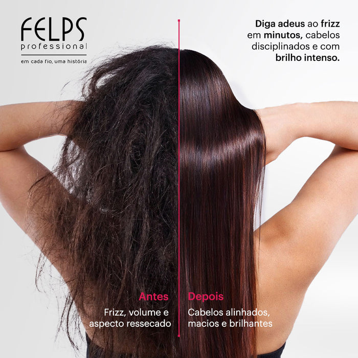 Before and after comparison showing frizzy hair versus smooth shiny hair with Felps Professional Liss Express Heat Protectant – Buy now at MKPBR.COM – Worldwide Shipping