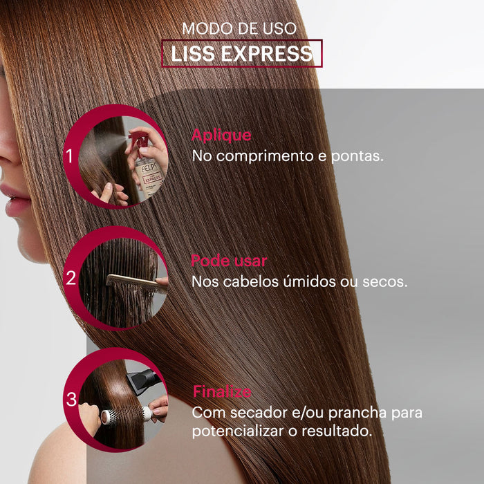 Three-step how to use guide for Felps Professional Liss Express Heat Protectant spray, comb and blow-dry – Buy now at MKPBR.COM – Worldwide Shipping