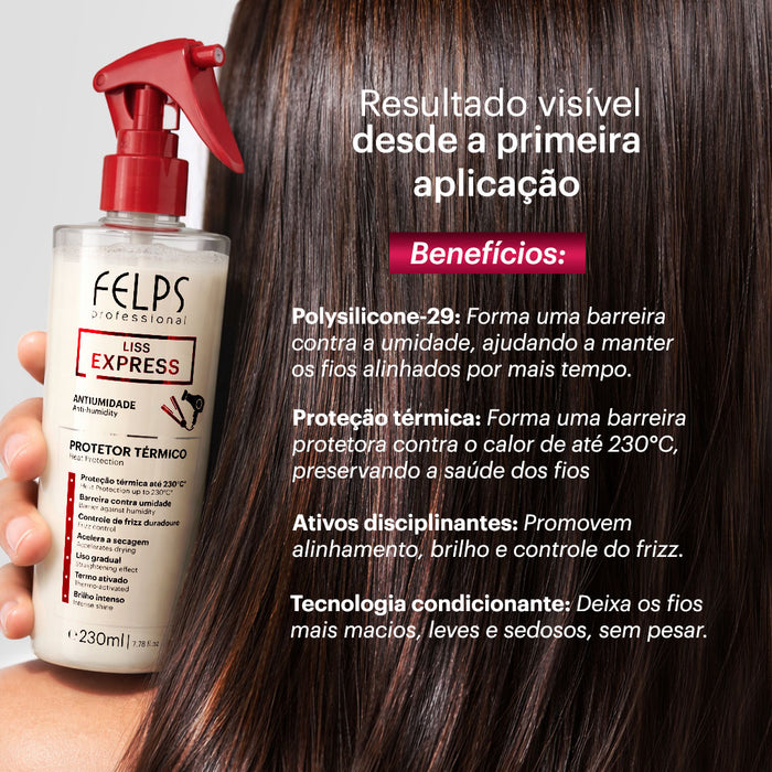 Hand holding Felps Professional Liss Express Heat Protectant 230 ml with key actives Polysilicone-29 and thermal protection explained – Buy now at MKPBR.COM – Worldwide Shipping