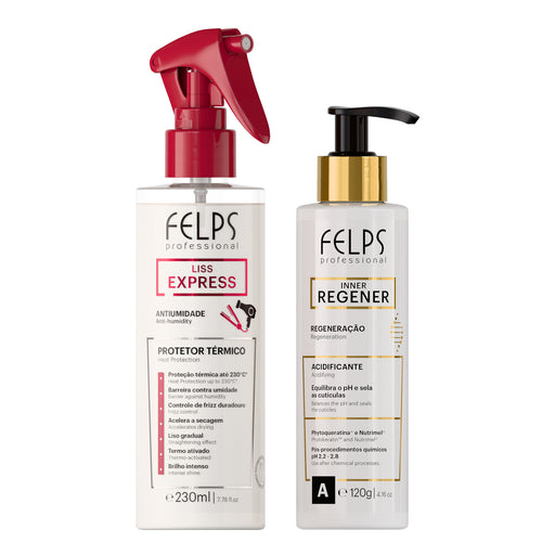 Felps Professional Liss Express Heat Protectant 230 ml and Inner Regener Acidifier 120 ml kit of 2, front of both bottles – Buy now at MKPBR.COM – Worldwide Shipping