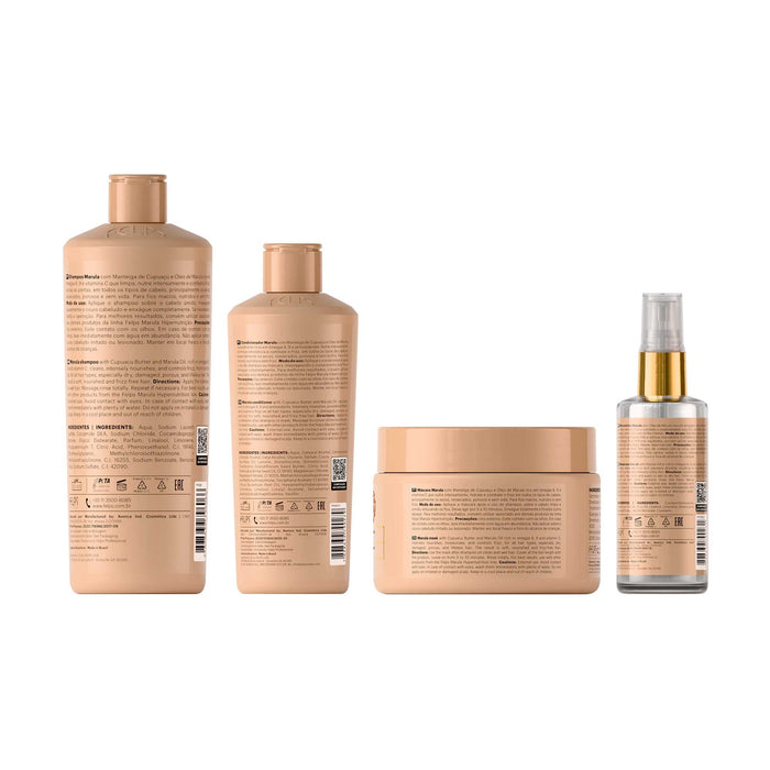 Felps Professional Marula Hypernutrition Hair Kit of 4 showing back label ingredient panels of all four products – Buy now at MKPBR.COM – Worldwide Shipping