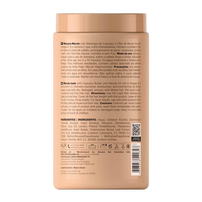 Back label of the Felps Professional Marula Hypernutrition Mask 1 kg tub showing the full INCI ingredient list and ANVISA process number – Buy now at MKPBR.COM – Worldwide Shipping