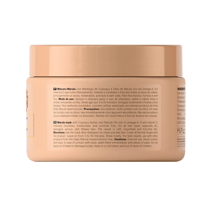 Back of the Felps Professional Marula Hypernutrition Mask 300 g jar with Portuguese and English directions and cautions – Buy now at MKPBR.COM – Worldwide Shipping