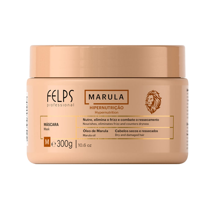 Felps Professional Marula Hypernutrition Treatment Mask 300 g front of jar showing the Marula Hipernutricao label and lion emblem – Buy now at MKPBR.COM – Worldwide Shipping