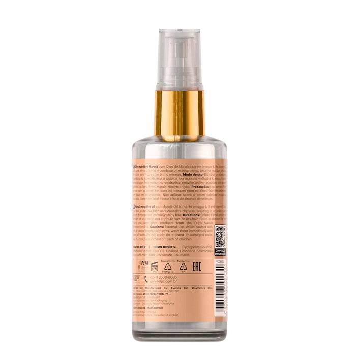 Back label of Felps Professional Marula Hypernutrition Repair Hair Oil 50 ml showing directions, cautions and the INCI ingredient list – Buy now at MKPBR.COM – Worldwide Shipping
