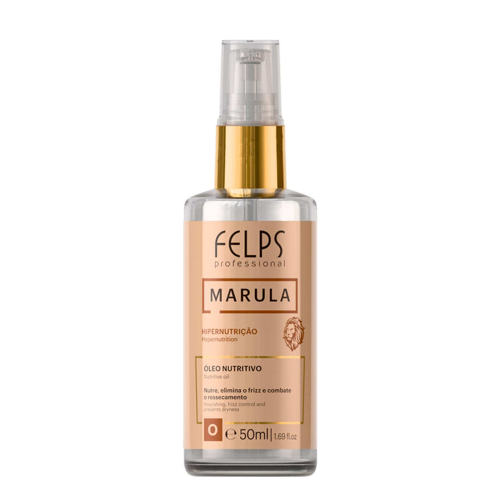Felps Professional Marula Hypernutrition Repair Hair Oil 50 ml front of the glass pump bottle with gold collar – Buy now at MKPBR.COM – Worldwide Shipping