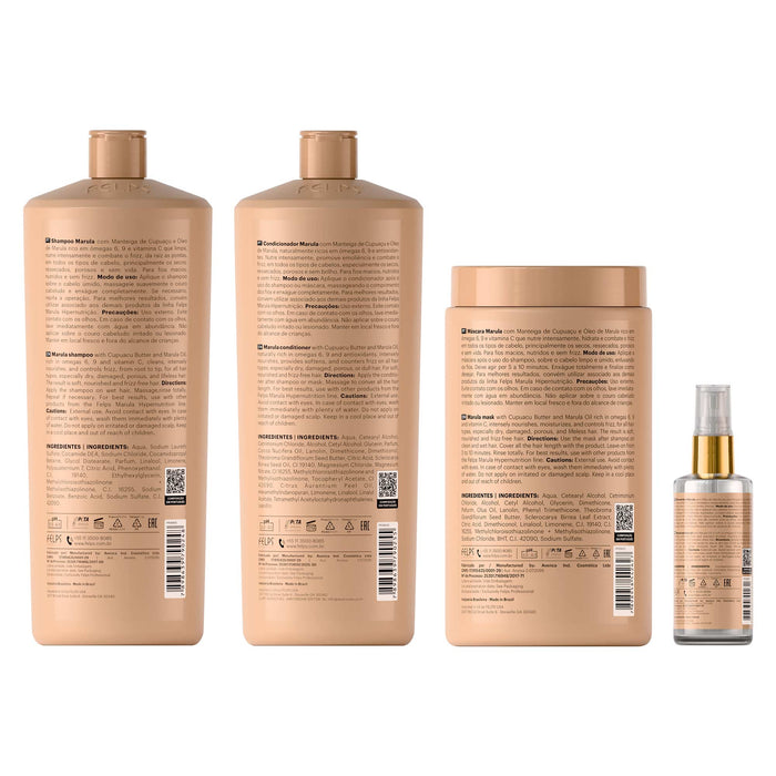 Felps Professional Marula Hypernutrition Salon Hair Kit of 4 showing back label ingredient panels of the litre bottles, mask tub and oil – Buy now at MKPBR.COM – Worldwide Shipping