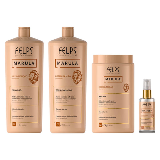 Felps Professional Marula Hypernutrition Salon Hair Kit of 4 with 1 L shampoo, 1 L conditioner, 1 kg mask and 50 ml repair oil, front view – Buy now at MKPBR.COM – Worldwide Shipping