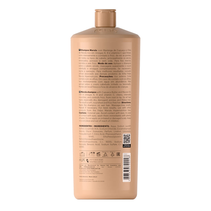 Felps Professional Marula Hypernutrition Shampoo 1 L salon size back label showing ingredients and directions – Buy now at MKPBR.COM – Worldwide Shipping