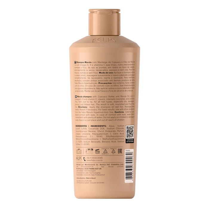 Felps Professional Marula Hypernutrition Shampoo 250 ml back label showing ingredients and directions – Buy now at MKPBR.COM – Worldwide Shipping