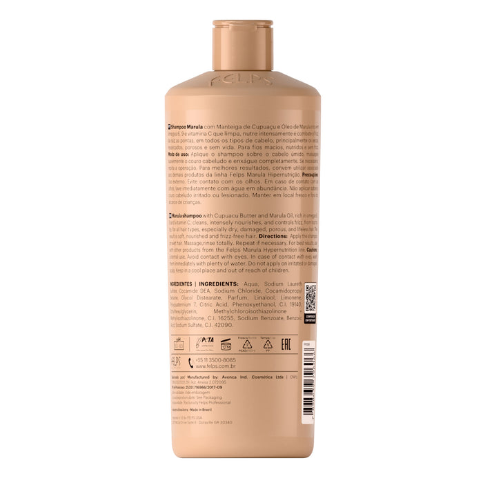 Felps Professional Marula Hypernutrition Shampoo 500 ml back label showing ingredients and directions – Buy now at MKPBR.COM – Worldwide Shipping