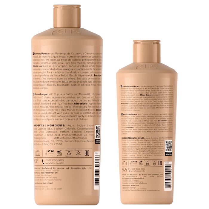 Felps Professional Marula Hypernutrition duo kit showing back label ingredient panels of the shampoo and conditioner – Buy now at MKPBR.COM – Worldwide Shipping