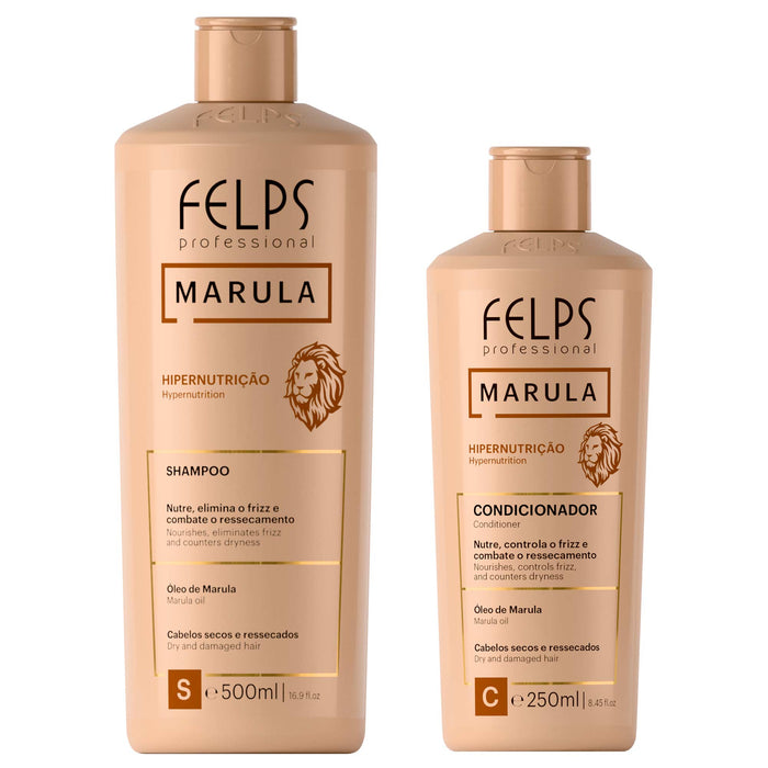 Felps Professional Marula Hypernutrition 500 ml shampoo and 250 ml conditioner duo kit, front view of both bottles – Buy now at MKPBR.COM – Worldwide Shipping