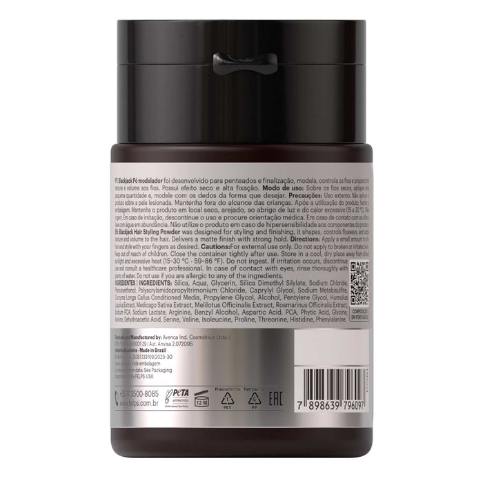Felps Men Black Jack Hair Styling Powder 5 g back label showing the ingredient list and directions in Portuguese – Buy now at MKPBR.COM – Worldwide Shipping