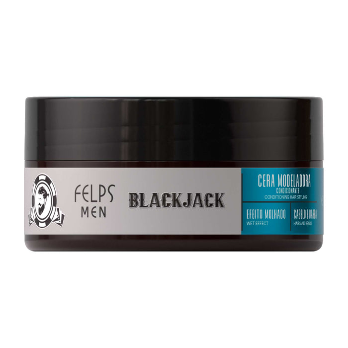 Felps Men Black Jack Wet Effect Modeling Wax 120 g front of the black jar with the Black Jack label – Buy now at MKPBR.COM – Worldwide Shipping