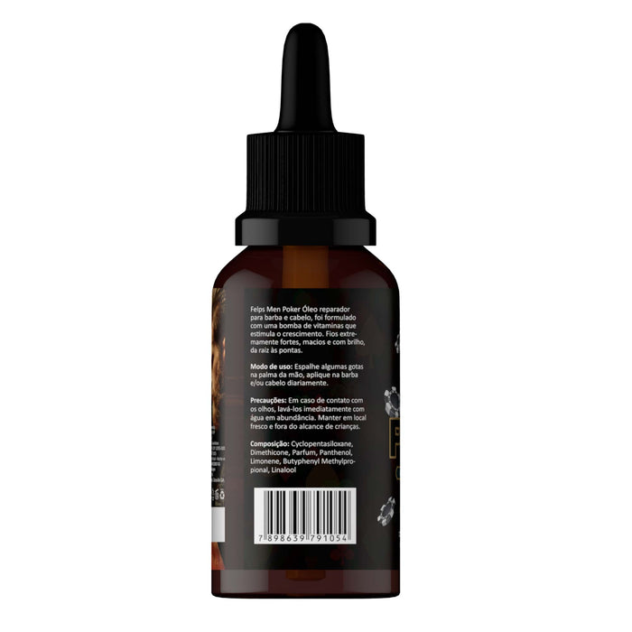 Felps Men Poker Beard and Hair Repair Oil 30 ml back label showing directions, cautions and INCI ingredient list – Buy now at MKPBR.COM – Worldwide Shipping