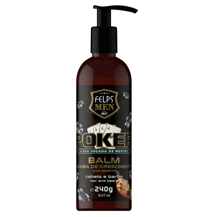Felps Men Poker Hair & Beard Balm 240 g front of the black pump bottle with the gold Poker label – Buy now at MKPBR.COM – Worldwide Shipping