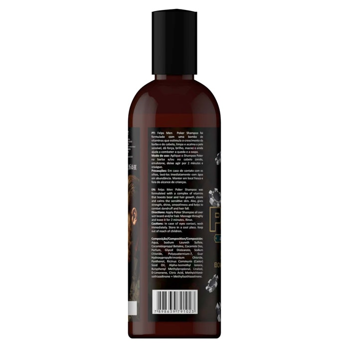 Back label of Felps Men Poker Hair and Beard Shampoo 240 ml showing directions and full INCI ingredient list – Buy now at MKPBR.COM – Worldwide Shipping