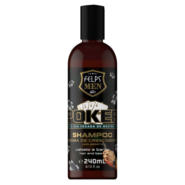 Felps Men Poker Hair and Beard Shampoo 240 ml front of dark bottle with gold Poker logo – Buy now at MKPBR.COM – Worldwide Shipping