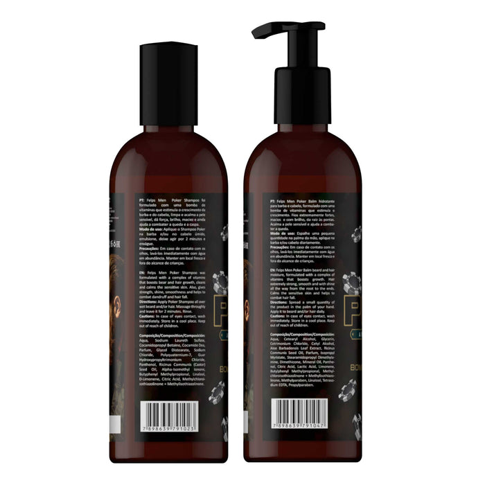 Felps Men Poker Shampoo and Balm duo kit alternate view showing both product labels and sizes – Buy now at MKPBR.COM – Worldwide Shipping