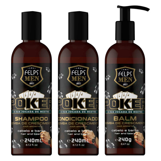 Felps Men Poker Hair and Beard Complete Kit of 3 with 240 ml shampoo, 240 ml conditioner and 240 g balm, front view – Buy now at MKPBR.COM – Worldwide Shipping