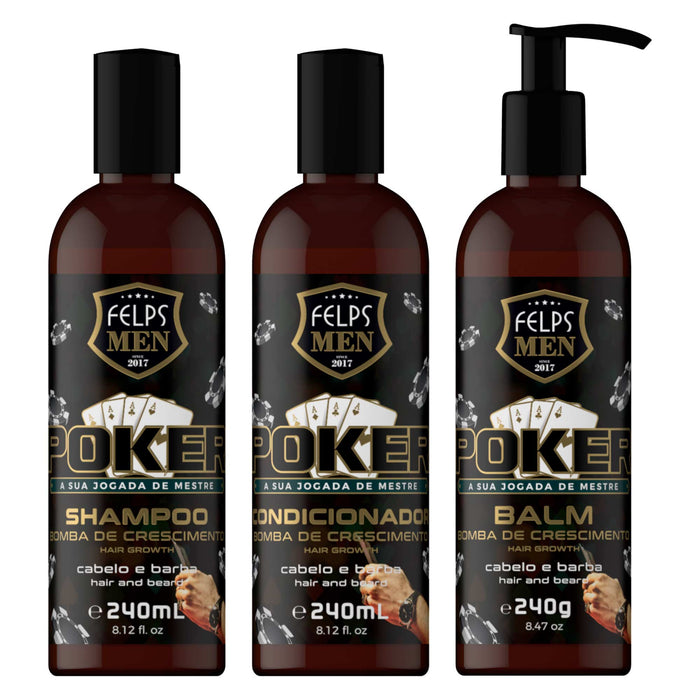 Felps Men Poker Hair and Beard Complete Kit of 3 with 240 ml shampoo, 240 ml conditioner and 240 g balm, front view – Buy now at MKPBR.COM – Worldwide Shipping