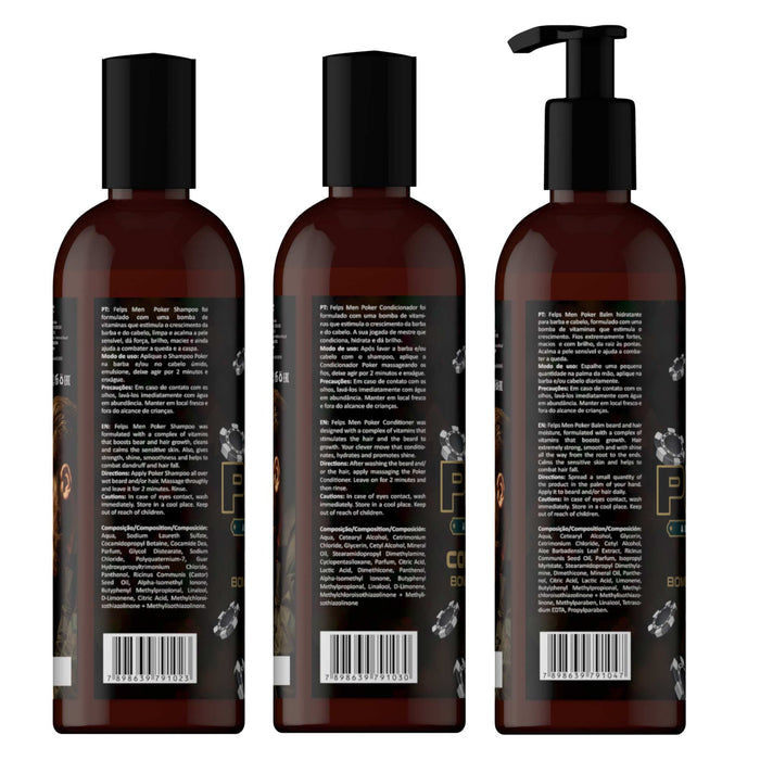 Felps Men Poker Hair and Beard Complete Kit alternate view showing the three product labels and sizes – Buy now at MKPBR.COM – Worldwide Shipping