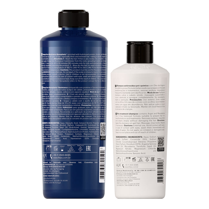 Back labels of the Felps Professional Omega Zero Resistance 500 ml and Anti-Residue Deep Cleansing Shampoo 250 ml kit showing ingredients and directions – Buy now at MKPBR.COM – Worldwide Shipping