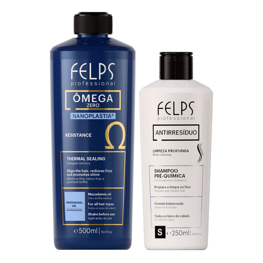 Felps Professional Omega Zero Resistance 500 ml thermal sealing treatment and Anti-Residue Deep Cleansing Shampoo 250 ml kit, front of both bottles – Buy now at MKPBR.COM – Worldwide Shipping