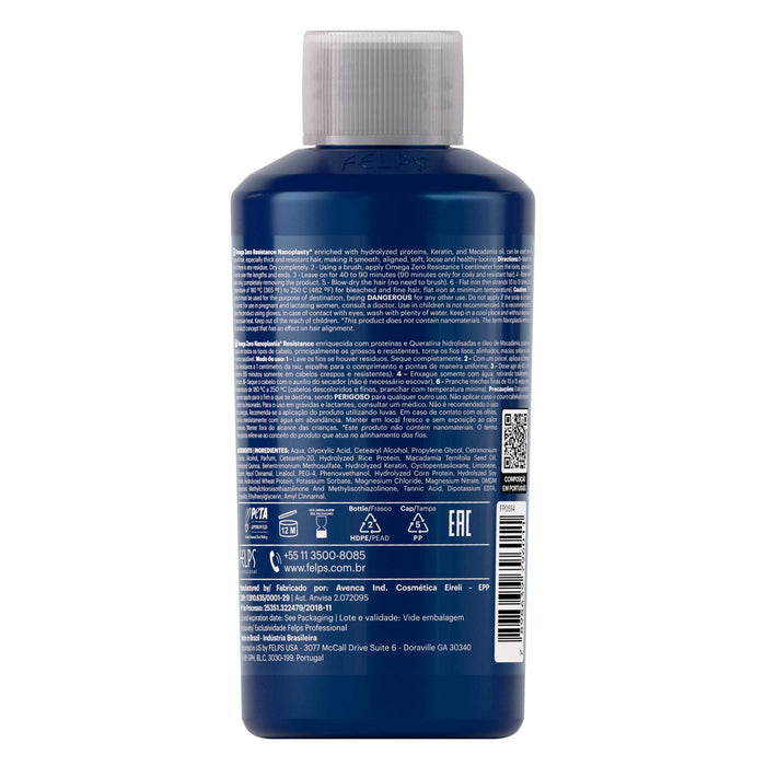 Felps Professional Omega Zero Resistance Nanoplastia Hair Smoothing Treatment 3.38 oz (100 ml) back label with ingredients and directions – Buy now at MKPBR.COM – Worldwide Shipping