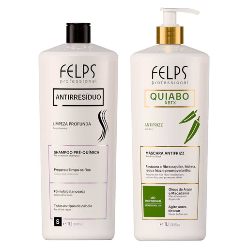 Felps Professional Anti-Residue Deep Cleansing Shampoo 1 L and Quiabo Antifrizz Mask 1 L pump bottle kit, front view – Buy now at MKPBR.COM – Worldwide Shipping