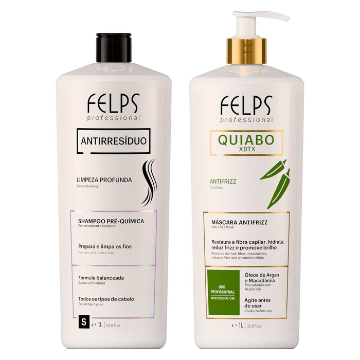 Felps Professional Anti-Residue Deep Cleansing Shampoo 1 L and Quiabo Antifrizz Mask 1 L pump bottle kit, front view – Buy now at MKPBR.COM – Worldwide Shipping
