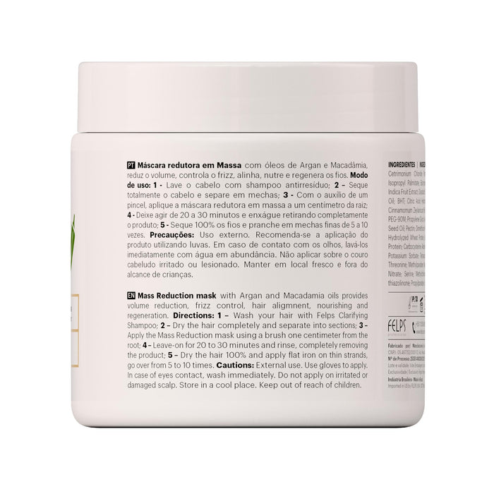 Felps Professional Quiabo XBTX Antifrizz Volume-Reducing Mask 17.64 oz (500 g) back label with ingredients and directions – Buy now at MKPBR.COM – Worldwide Shipping