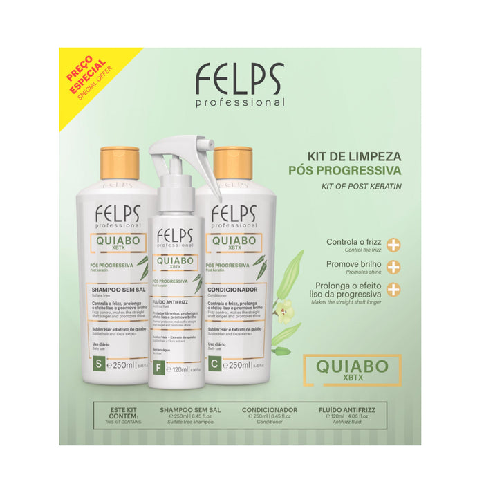 Front panel of the Felps Professional Quiabo XBTX Post-Progressive 3-in-1 kit box listing shampoo 250 ml, conditioner 250 ml and antifrizz fluid 120 ml – Buy now at MKPBR.COM – Worldwide Shipping